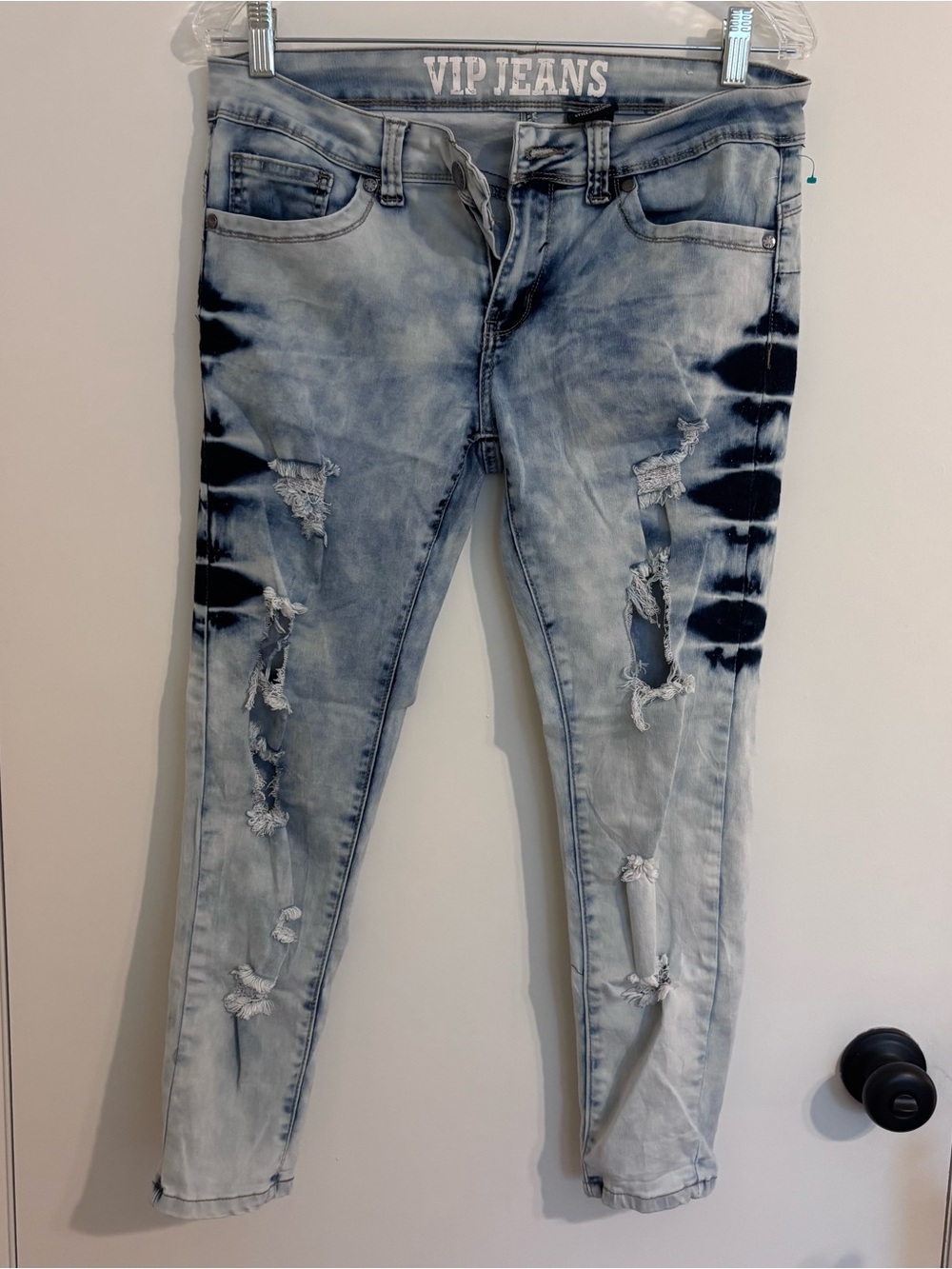 VIP Women's Light Wash Skinny Jeans with Navy Tie-Dye Panels